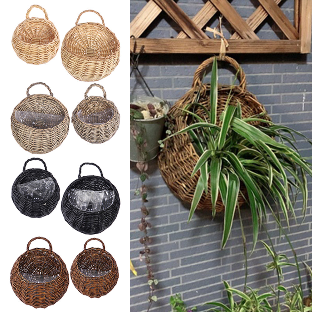 Half round black wicker wall planter with clear liner