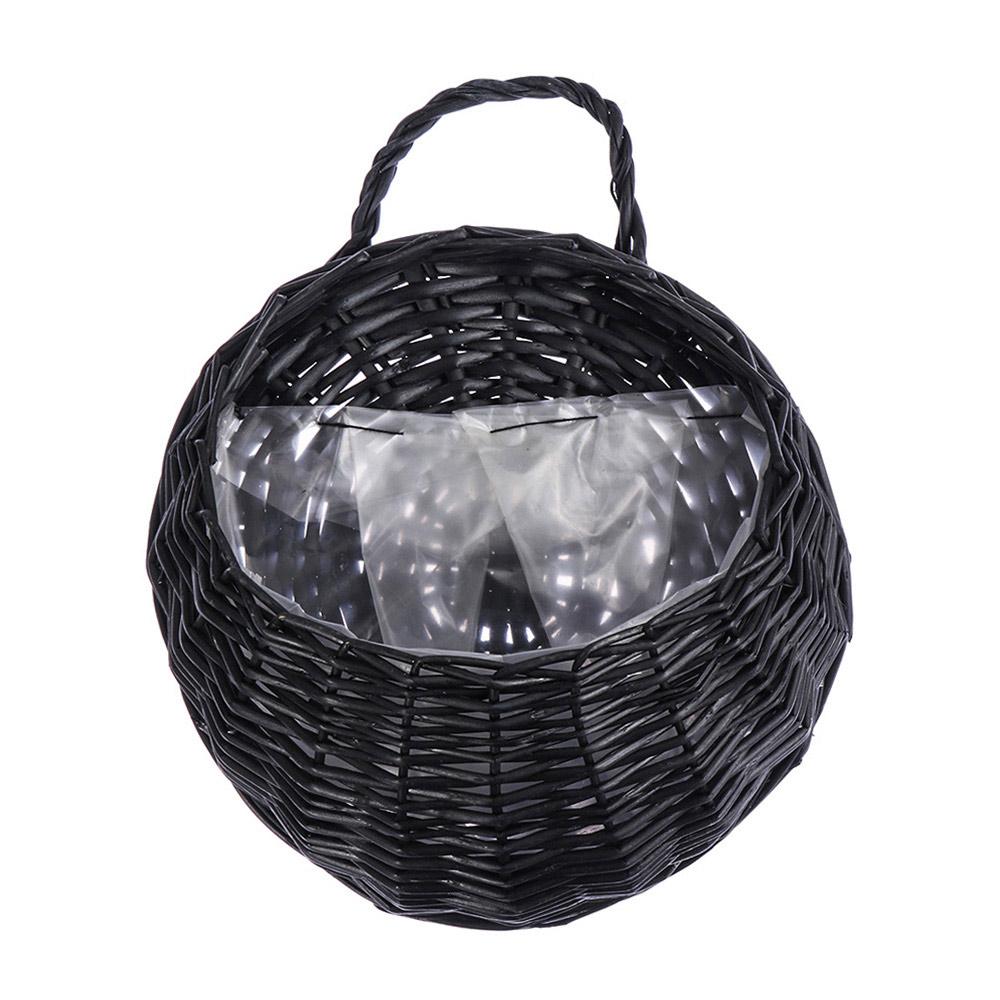 Half round black wicker wall planter with clear liner