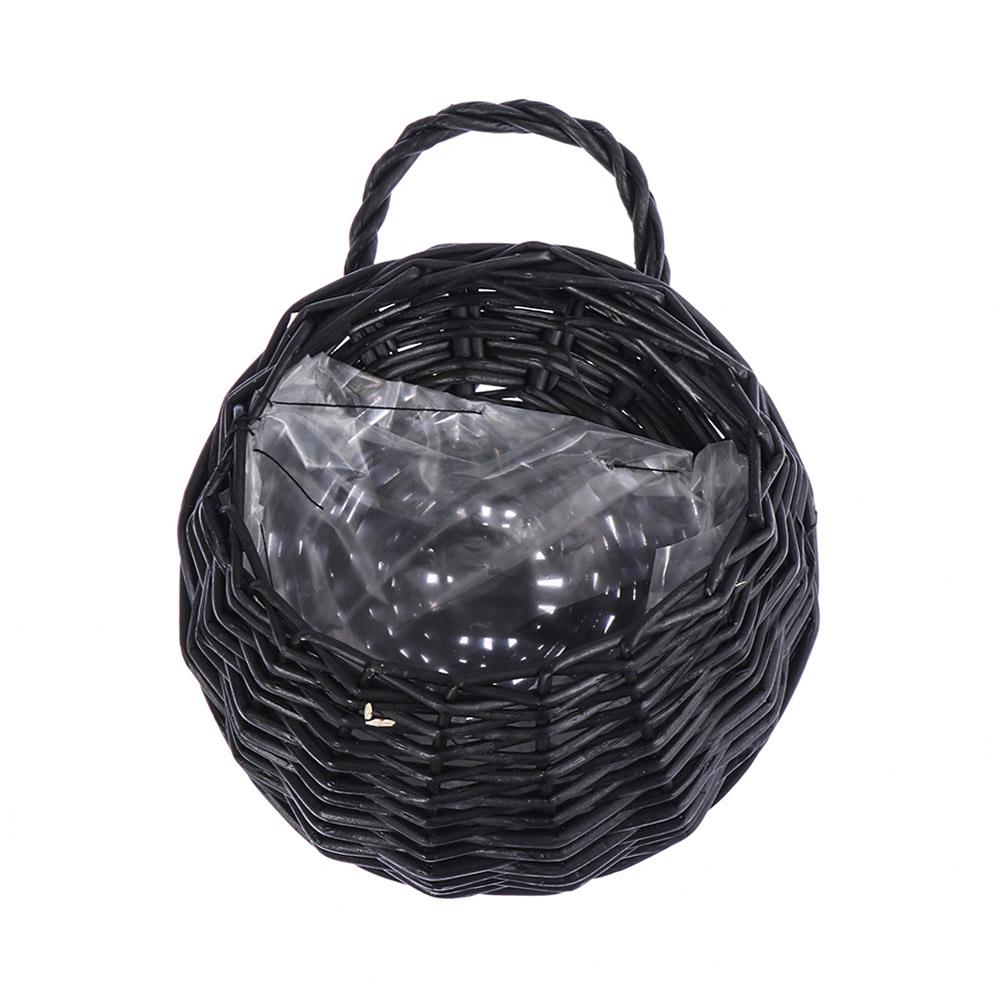 Half round black wicker wall planter with clear liner