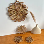 Boho flower shaped hand woven rattan doily mat
