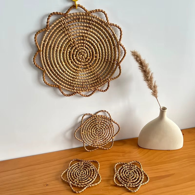 Boho flower shaped hand woven rattan doily mat
