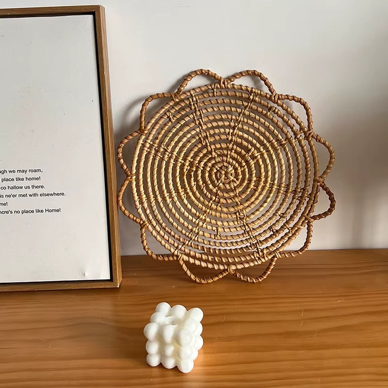Boho flower shaped hand woven rattan doily mat