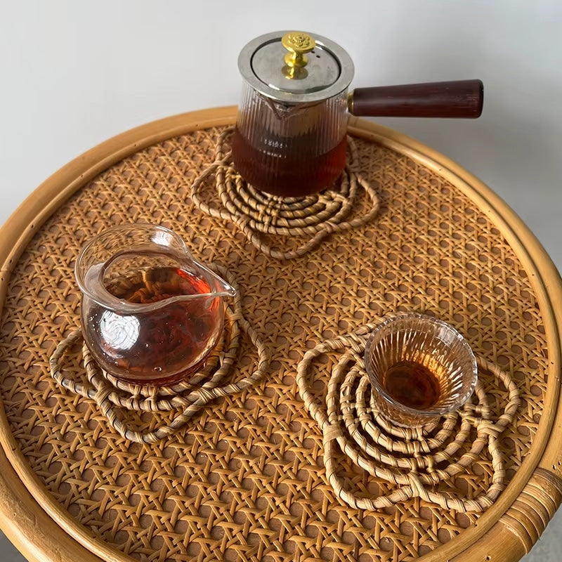 Boho flower shaped hand woven rattan doily mat
