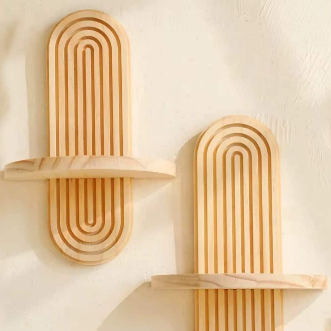 Boho light wood wall holder with fluted carved relief
