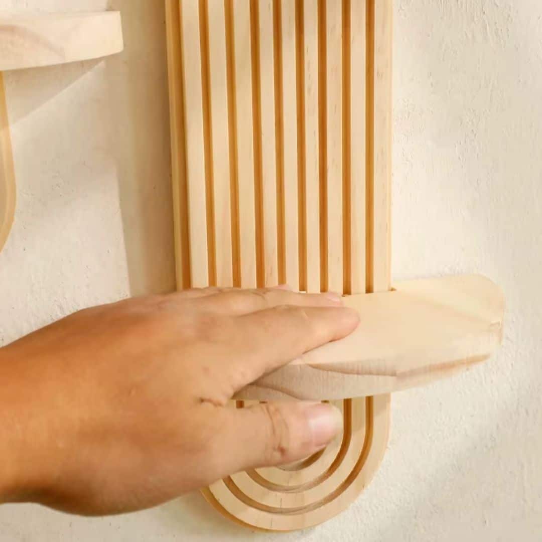 Boho light wood wall holder with fluted carved relief