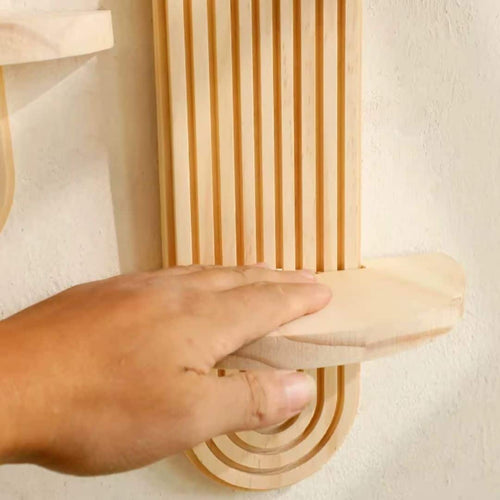 Boho light wood wall holder with fluted carved relief