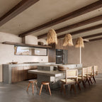 Row of three shaggy boho fringe pendants over a kitchen island