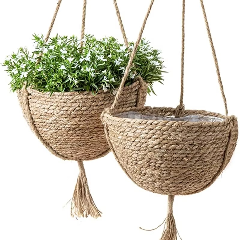 Round boho hanging planter hand woven in natural rattan