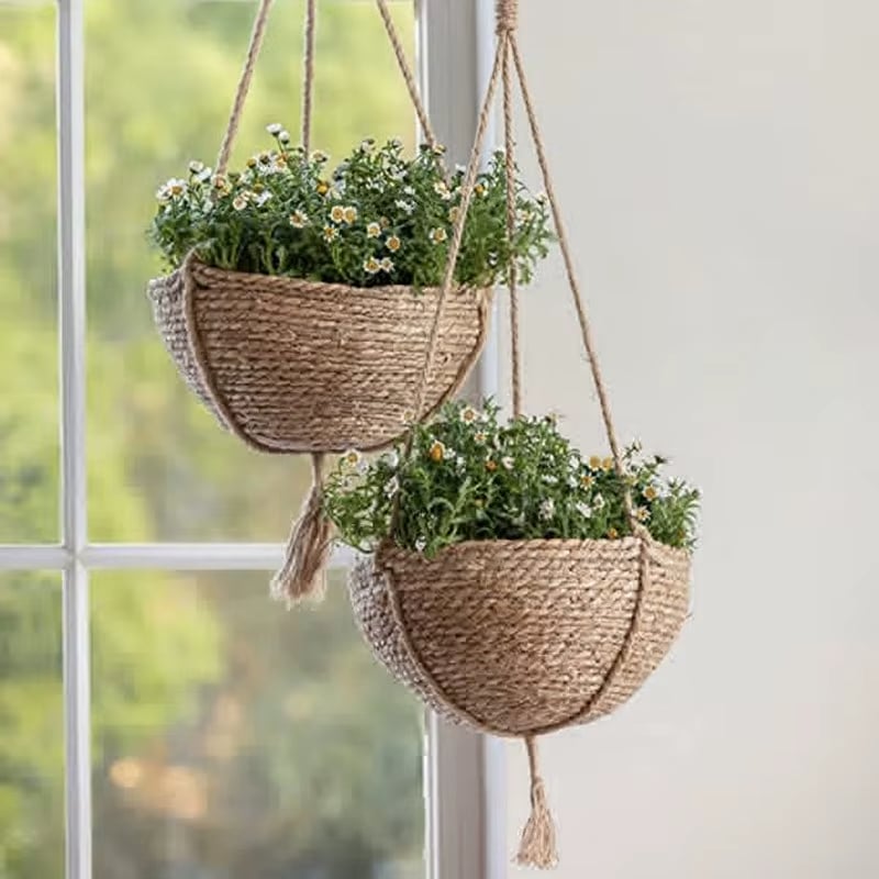 Round boho hanging planter hand woven in natural rattan