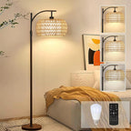Boho floor lamp with a hand woven rattan shade on a slim black stand