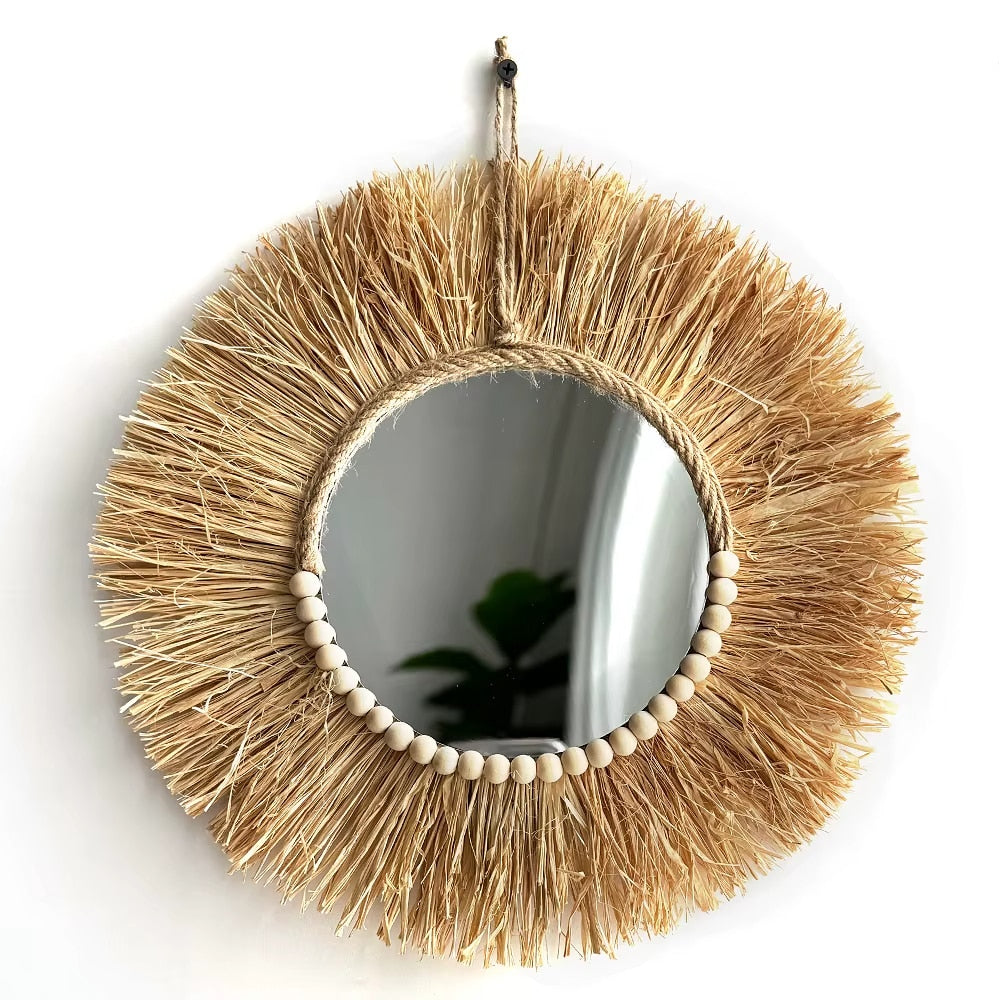 Round straw fringe mirror with a ring of wooden beads