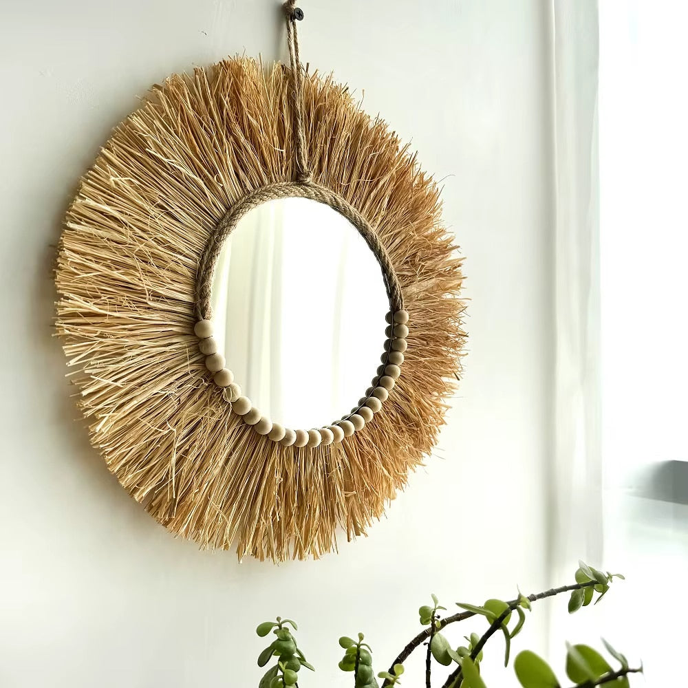 Round straw fringe mirror with a ring of wooden beads