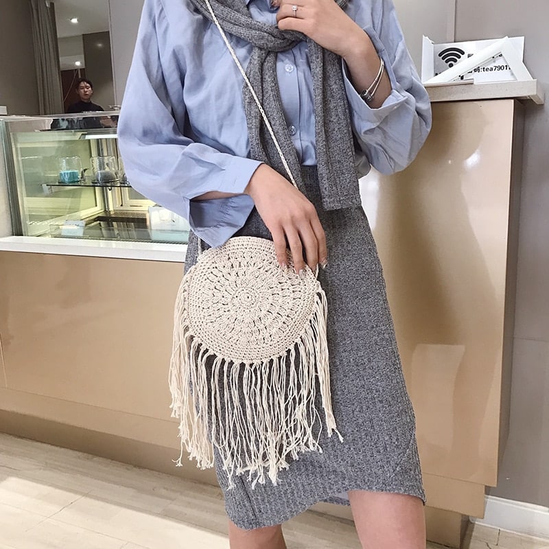 Boho hand woven rattan crossbody bag with a crisscross weave in white, brown or black