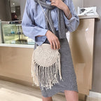 Boho hand woven rattan crossbody bag with a crisscross weave in white, brown or black