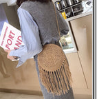 Boho hand woven rattan crossbody bag with a crisscross weave in white, brown or black