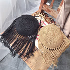 Boho hand woven rattan crossbody bag with a crisscross weave in white, brown or black