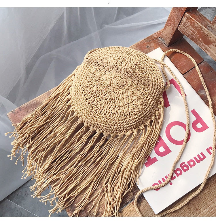 Boho hand woven rattan crossbody bag with a crisscross weave in white, brown or black
