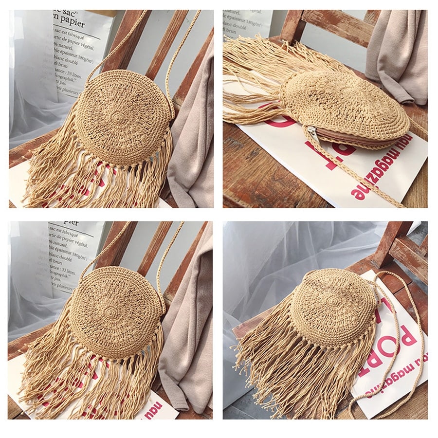 Boho hand woven rattan crossbody bag with a crisscross weave in white, brown or black
