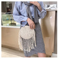 Boho hand woven rattan crossbody bag with a crisscross weave in white, brown or black