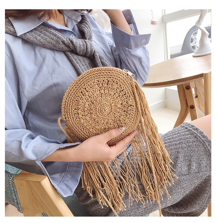 Boho hand woven rattan crossbody bag with a crisscross weave in white, brown or black