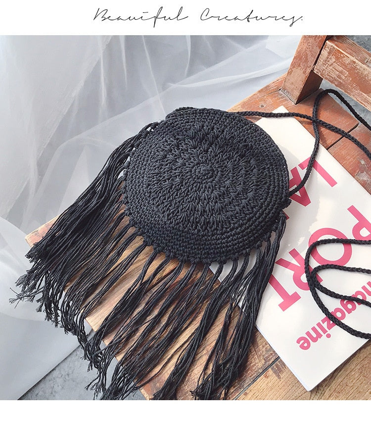 Boho hand woven rattan crossbody bag with a crisscross weave in white, brown or black