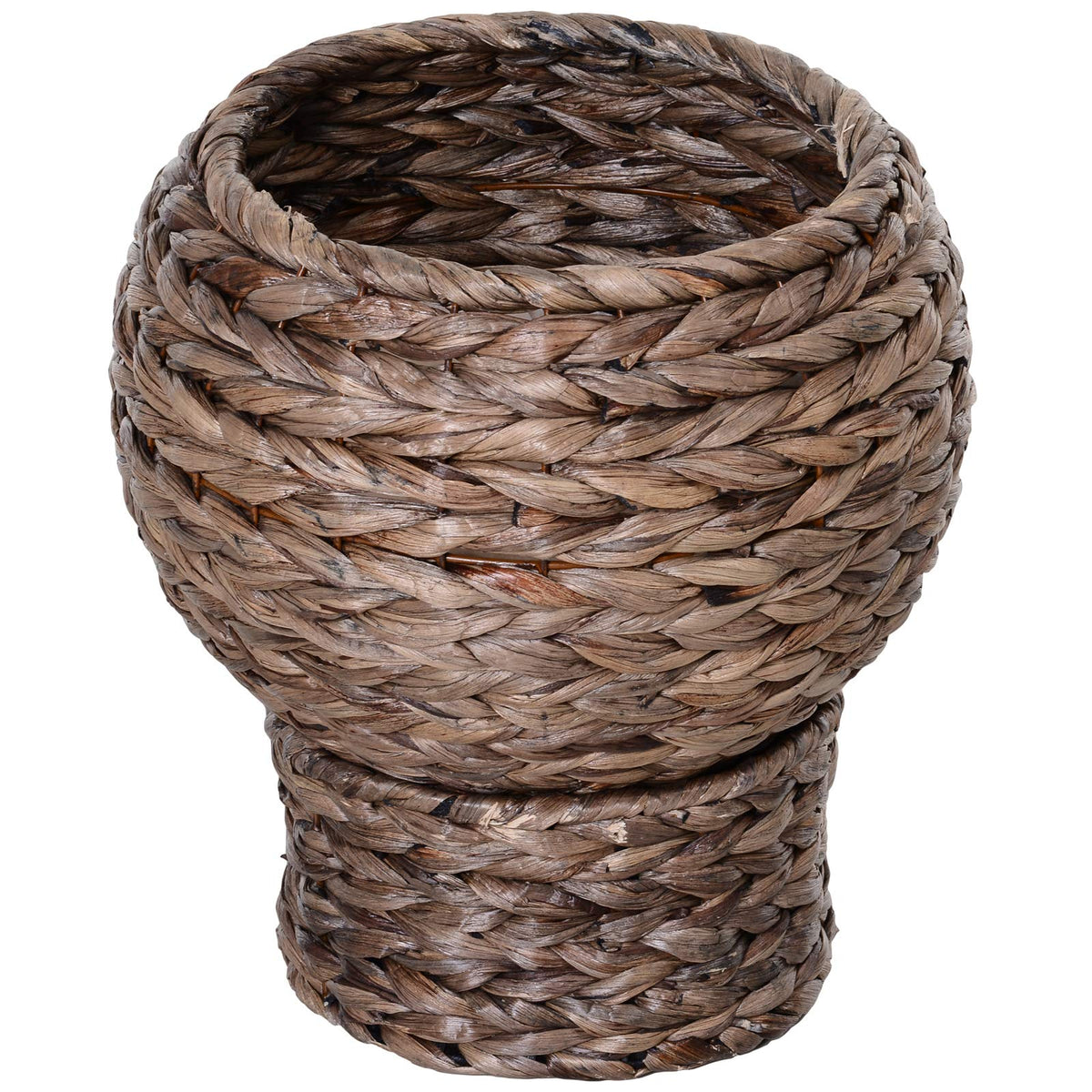 Round braided cat bed on a braided pedestal with a beige cushion