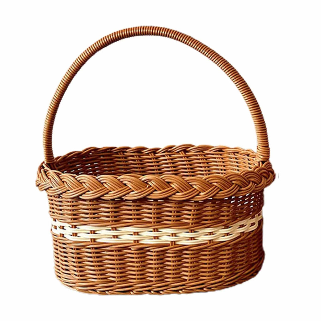 Oval wicker basket with braided rim and arched handle