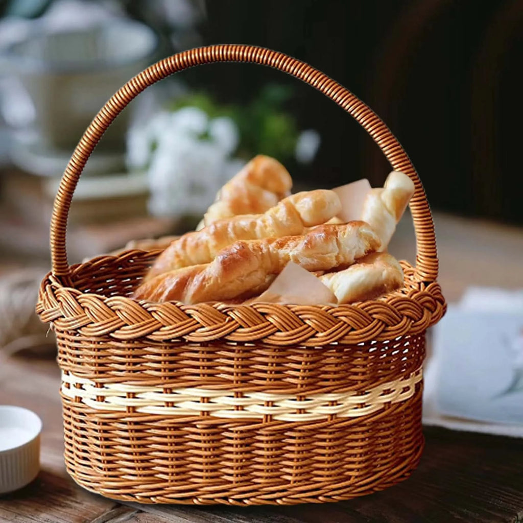Oval wicker basket with braided rim and arched handle