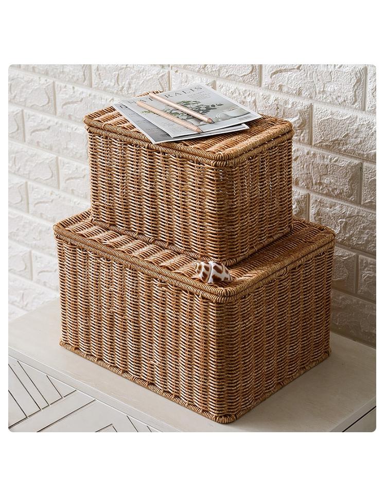 Stacked brown lidded woven storage boxes