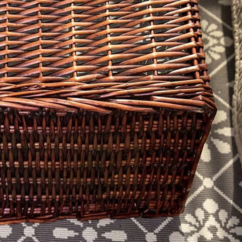 Brown wicker laundry hamper with lid and fabric liner