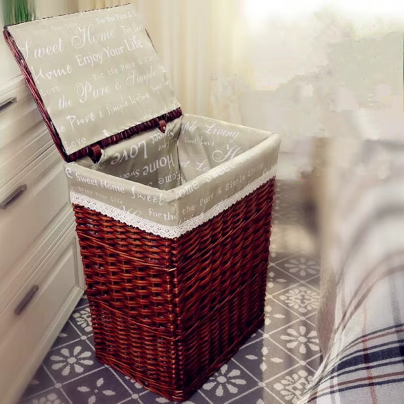 Brown wicker laundry hamper with lid and fabric liner