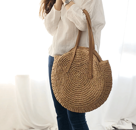 Roomy brown hand woven beach bag with sturdy handles