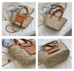 Structured brown woven rattan beach bag with a handle and shoulder strap