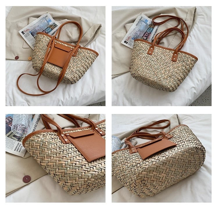 Structured brown woven rattan beach bag with a handle and shoulder strap