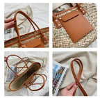 Structured brown woven rattan beach bag with a handle and shoulder strap
