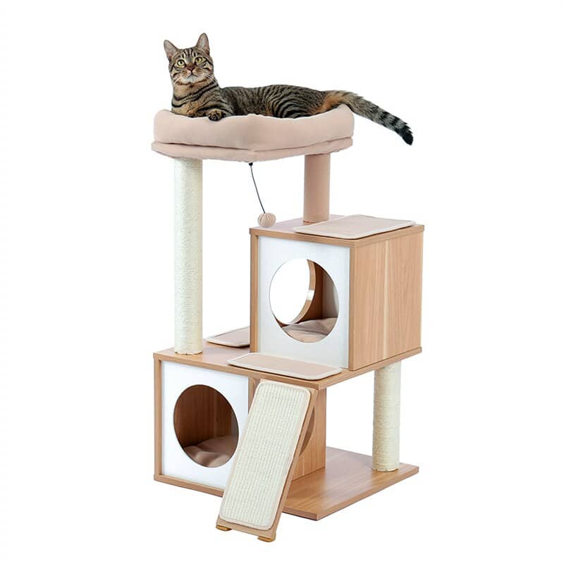 Wood look cat tree with two cube condos, scratching ramp and round pink plush perch