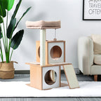 Wood look cat tree with two cube condos, scratching ramp and round pink plush perch