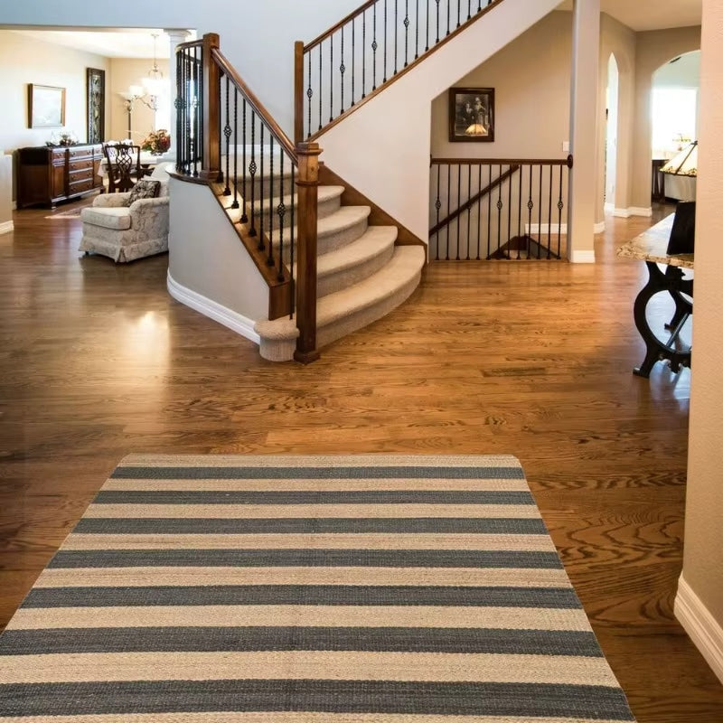 Jute rug with wide natural and charcoal stripes