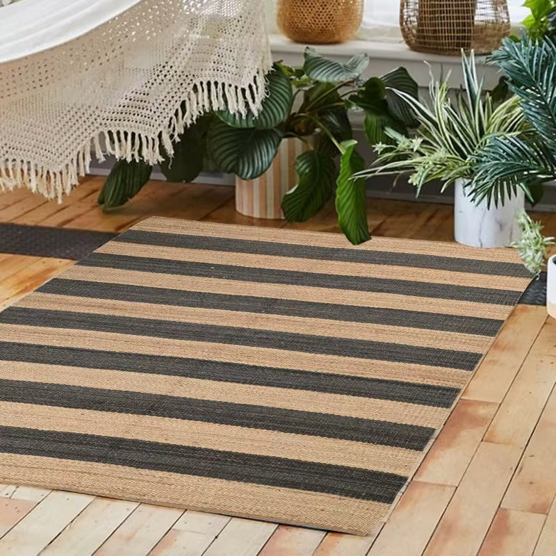 Jute rug with wide natural and charcoal stripes
