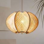 Large chic pendant light with turned wood structure and hand woven shade