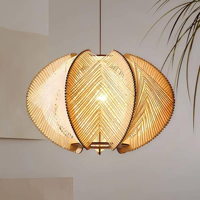 Large chic pendant light with turned wood structure and hand woven shade