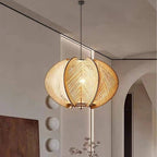 Large chic pendant light with turned wood structure and hand woven shade