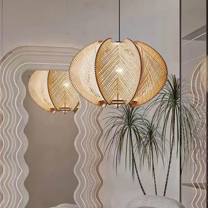 Large chic pendant light with turned wood structure and hand woven shade