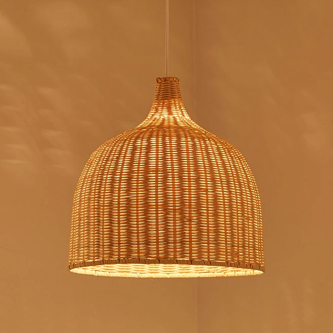 Faceted Chinese lantern pendant light hand woven in beige bamboo