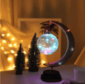 Crescent moon lamp with a hand woven hemp frame and a round color changing globe bulb