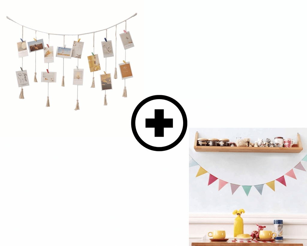 Colorful fabric bunting and a macrame photo display with clips