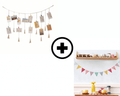 Colorful fabric bunting and a macrame photo display with clips