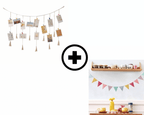 Colorful fabric bunting and a macrame photo display with clips