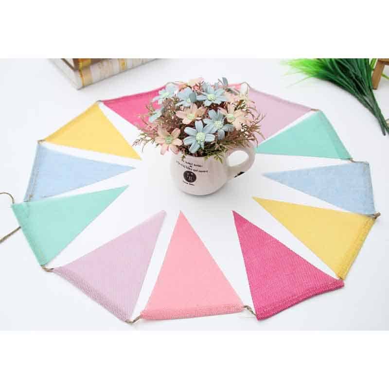 Colorful linen pennant banner with 12 flags on a rope