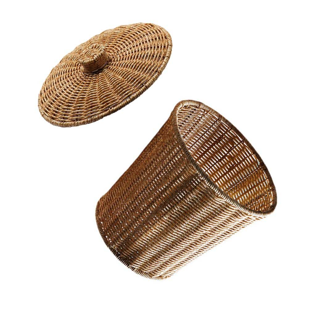 Compact woven rattan trash can with a fitted lid